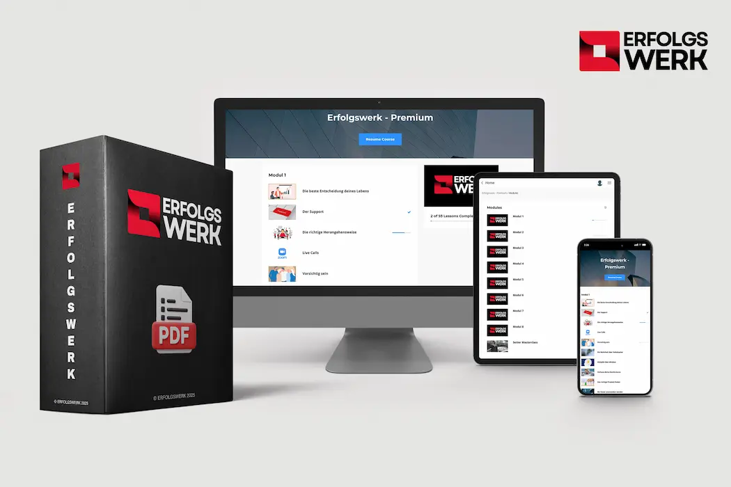 Erfolgswerk Produktmockup - Kursbox, Desktop, Tablet und Smartphone
